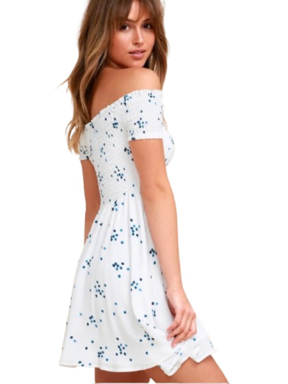 Women's L Lulus Santa Monica Pier Blue and White Print Off-the-Shoulder Dress